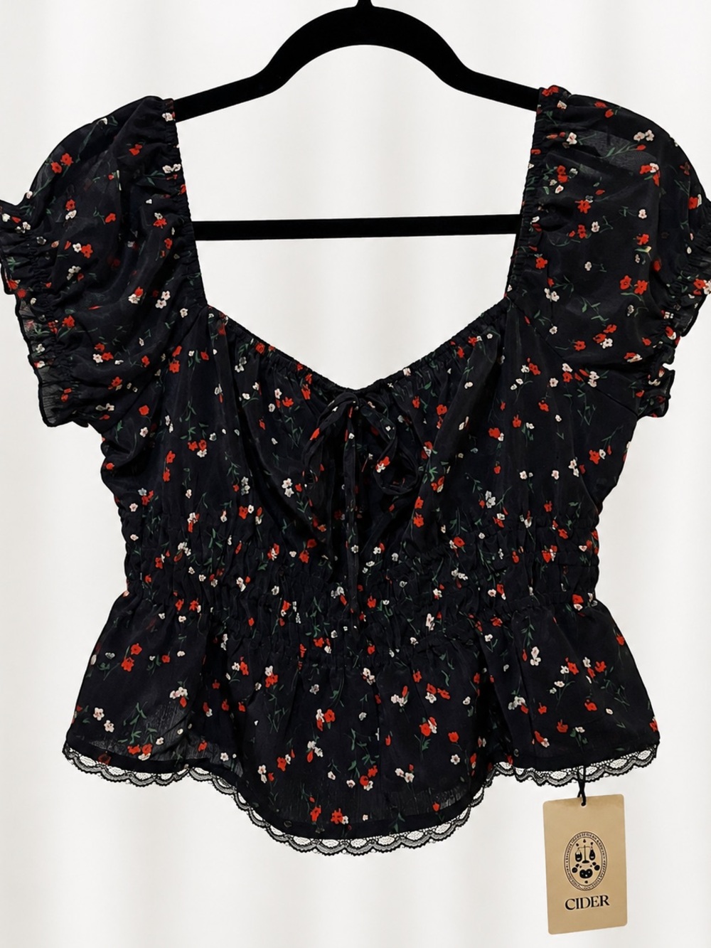 Cider Black Floral Puff-Sleeve Tie-Front Smocked Top